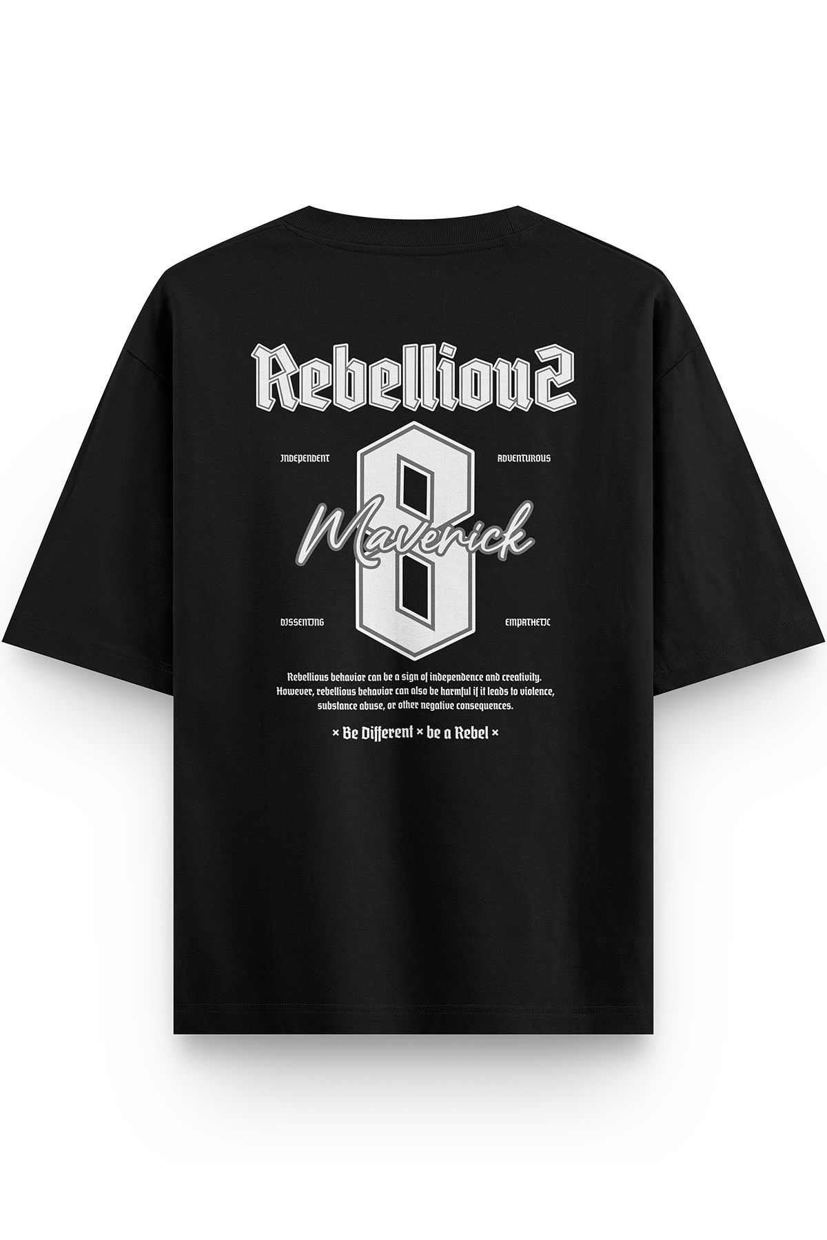 Overoz Siyah Yarı Oversize Tshirt Maveric 8 Yazılı Baskılı Oversize Yazılı Unisex Tişört 1385