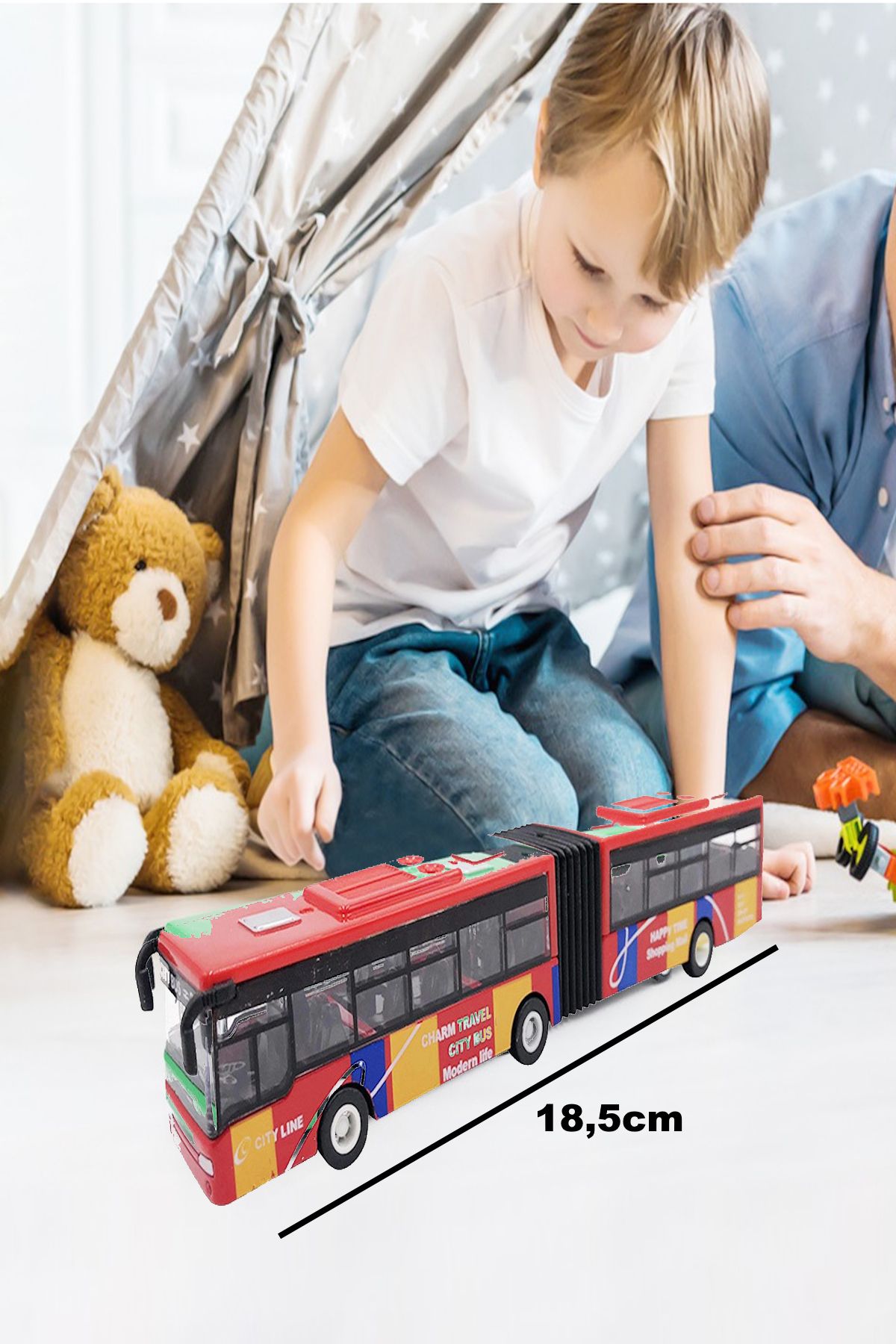 Hyd Oyuncak Metal Körüklü Çift Bölümlü Çek Bırak Otobüs Okul Servis Otobüsü Scholl Bus 18,5cm
