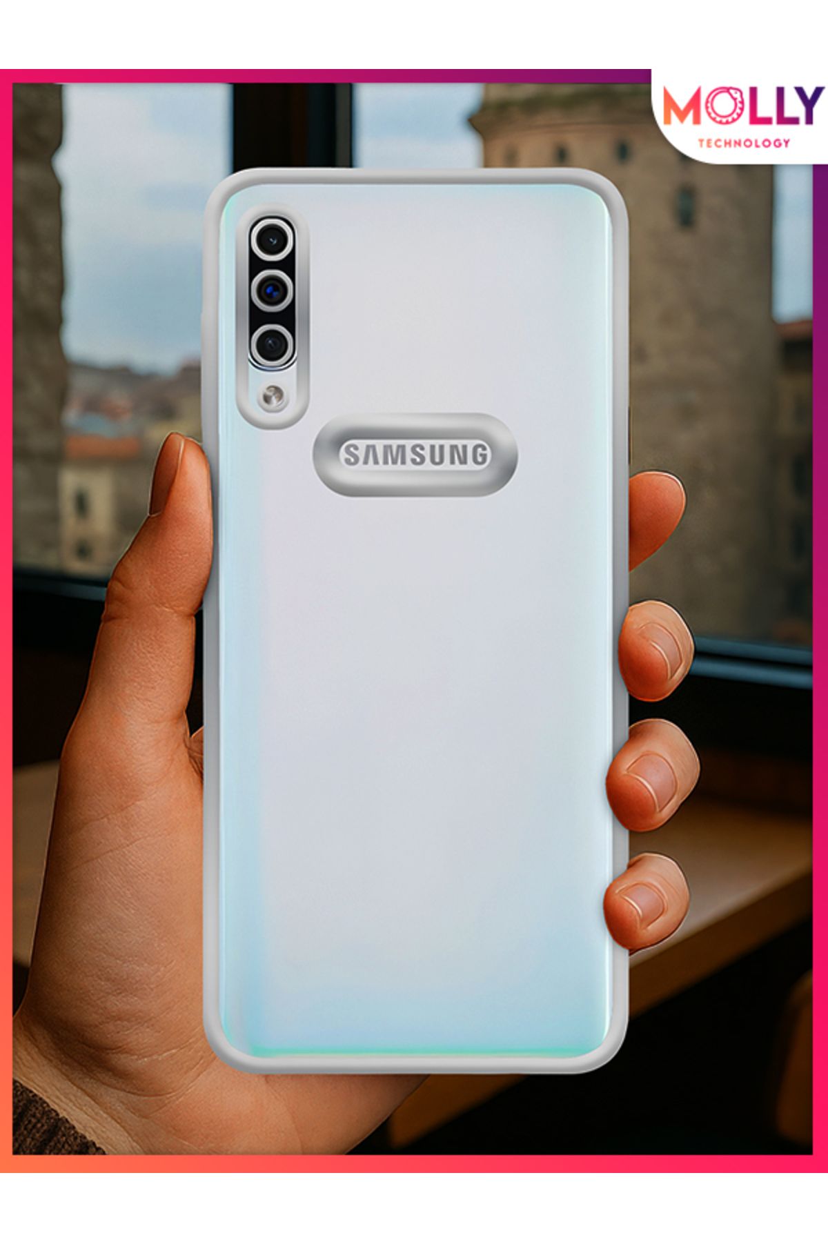 Molly Samsung Galaxy A50 İçin Kenarları Gümüş Lens Koruyuculu Lou Lazer Şeffaf Silikon Kılıf