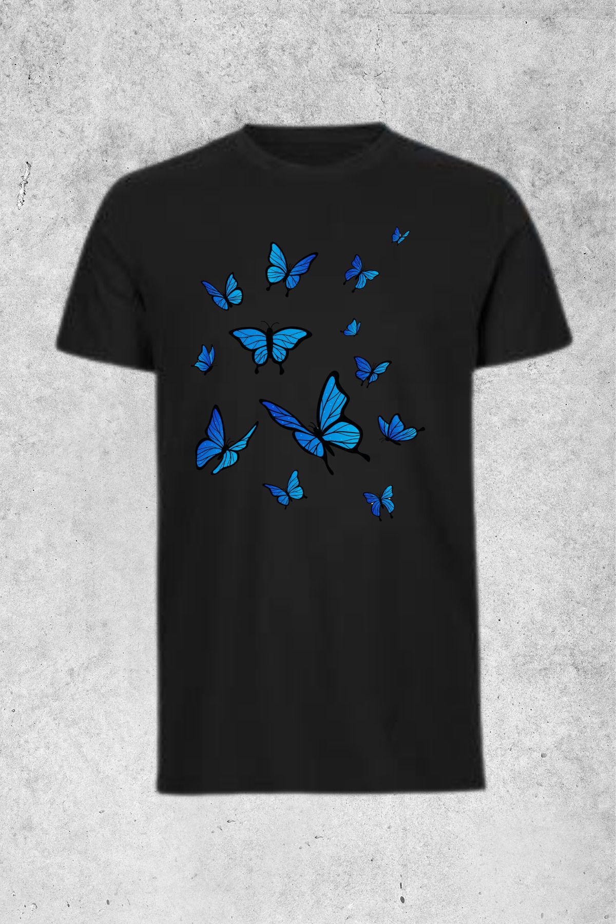 MOLICO Basic unisex sıfır yaka kısa kollu MAVİ KELEBEK baskılı tshirt