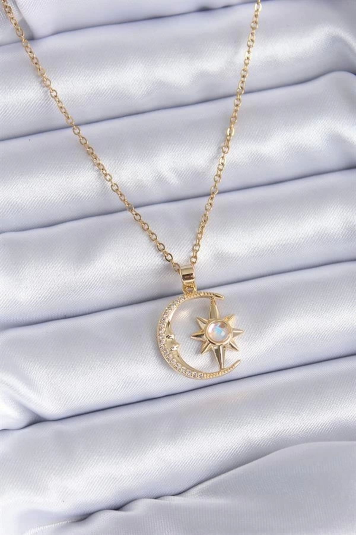 Lale Moda 316L Çelik Gold Renk Zirkon Taşlı Ay Yıldız Model Kadın Kolye