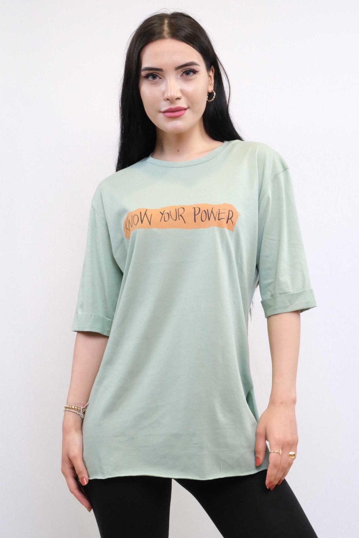 PuShe Moda Çizgi Bisiklet Yaka Oversize Tshirt Mint