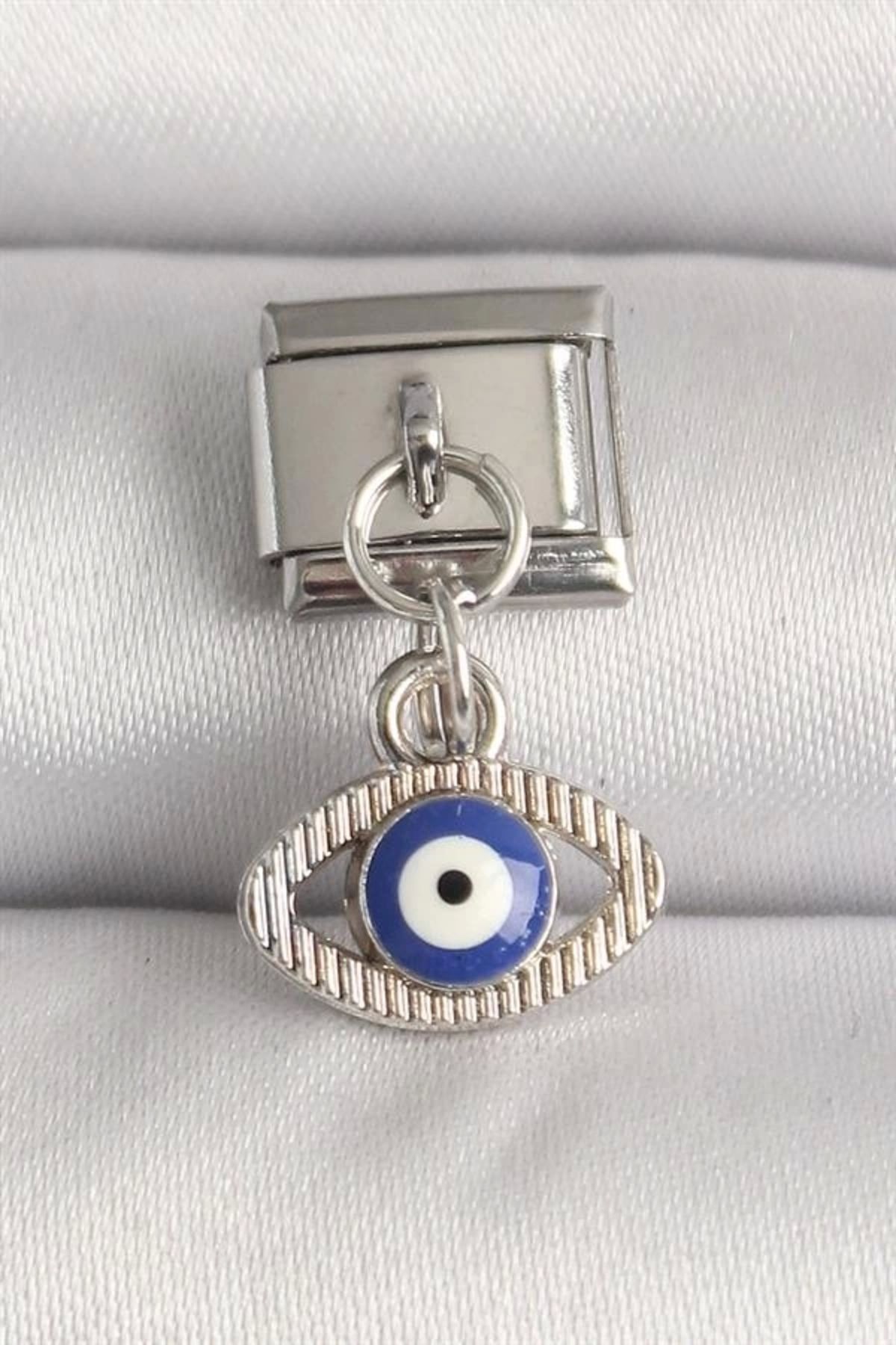 Lale Moda 316L Çelik Gümüş Renk Nazar Boncuk Detaylı Göz Model Nomination Charm