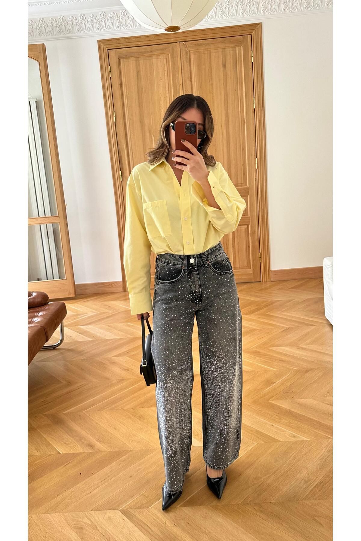Askı Tekstil Antrasit Dağınık Taş Baskılı Bol Paça Denim Pantolon