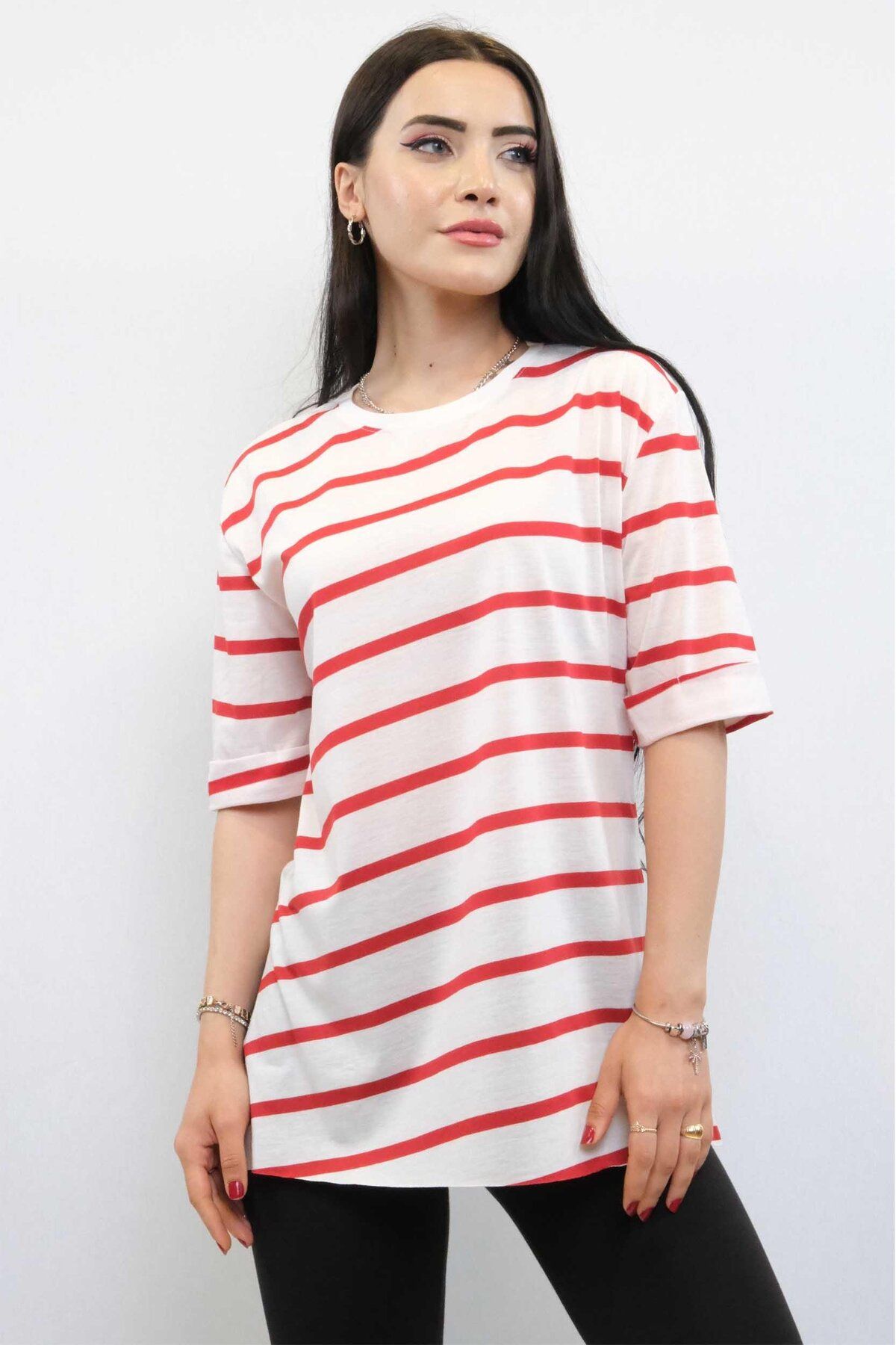 PuShe Çizgili Penye Tshirt Kırmızı
