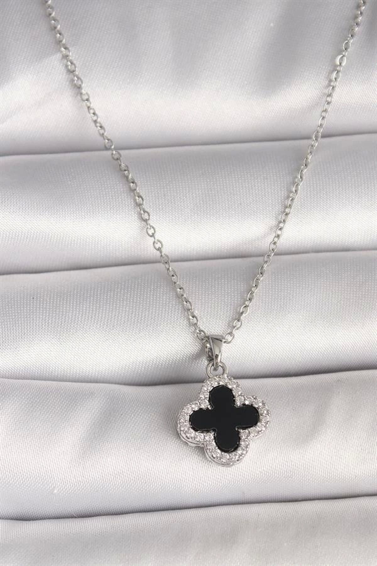 Lale Moda 316L Çelik Gümüş Renk Zincir Zirkon Taşlı Yonca Model Kadın Kolye