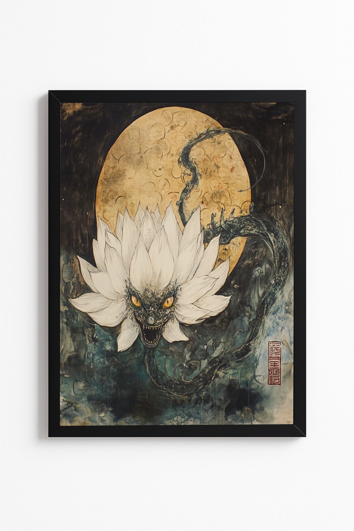 Patte Lotus Çiçekli Şeytan Figürü Poster - Uzak Doğu - Çerçevesiz Duvar Poster Yüksek Kaliteli Tablo