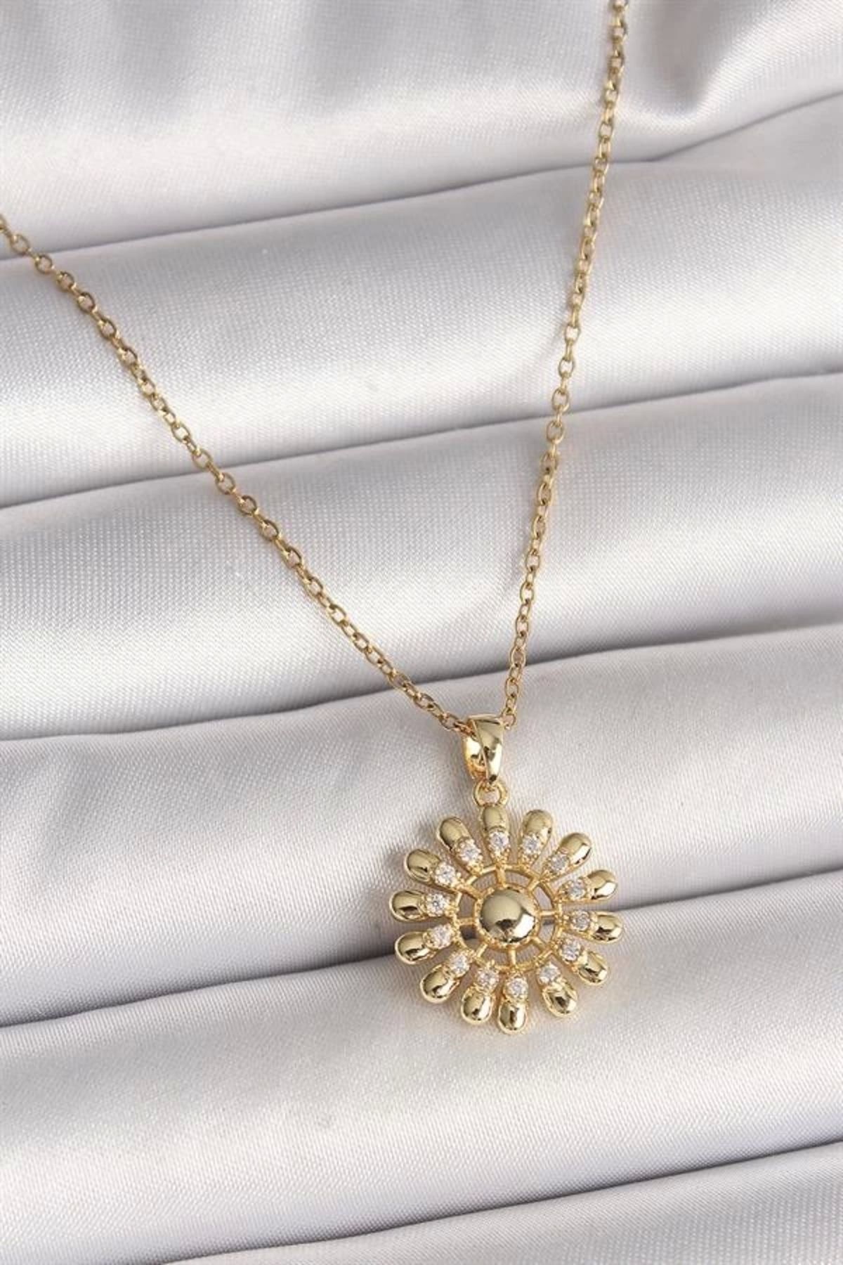 Lale Moda 316L Çelik Gold Renk Zincir Zirkon Taşlı Güneş Model Kadın Kolye