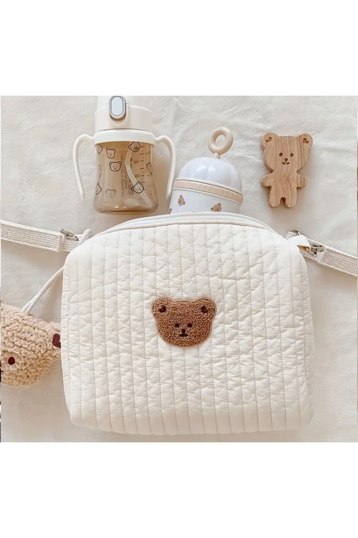 babylintr Müslin Teddy Desenli Organizer Pouch - Anne Bebek Bakım Çantasına Uygun