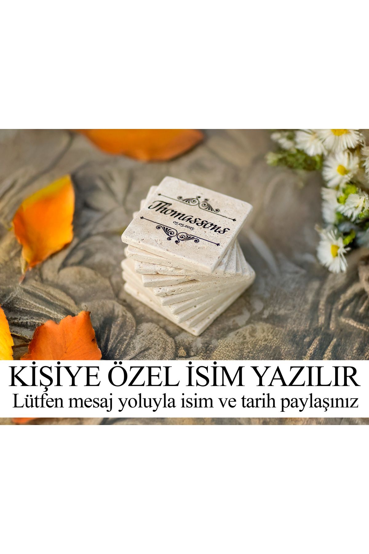 marbelix Kişiselleştirilen 6'lı Set Silva Traverten Bardak Altlığı #3 - 10cm - Mesajla İsim ve Tarih Belirtin