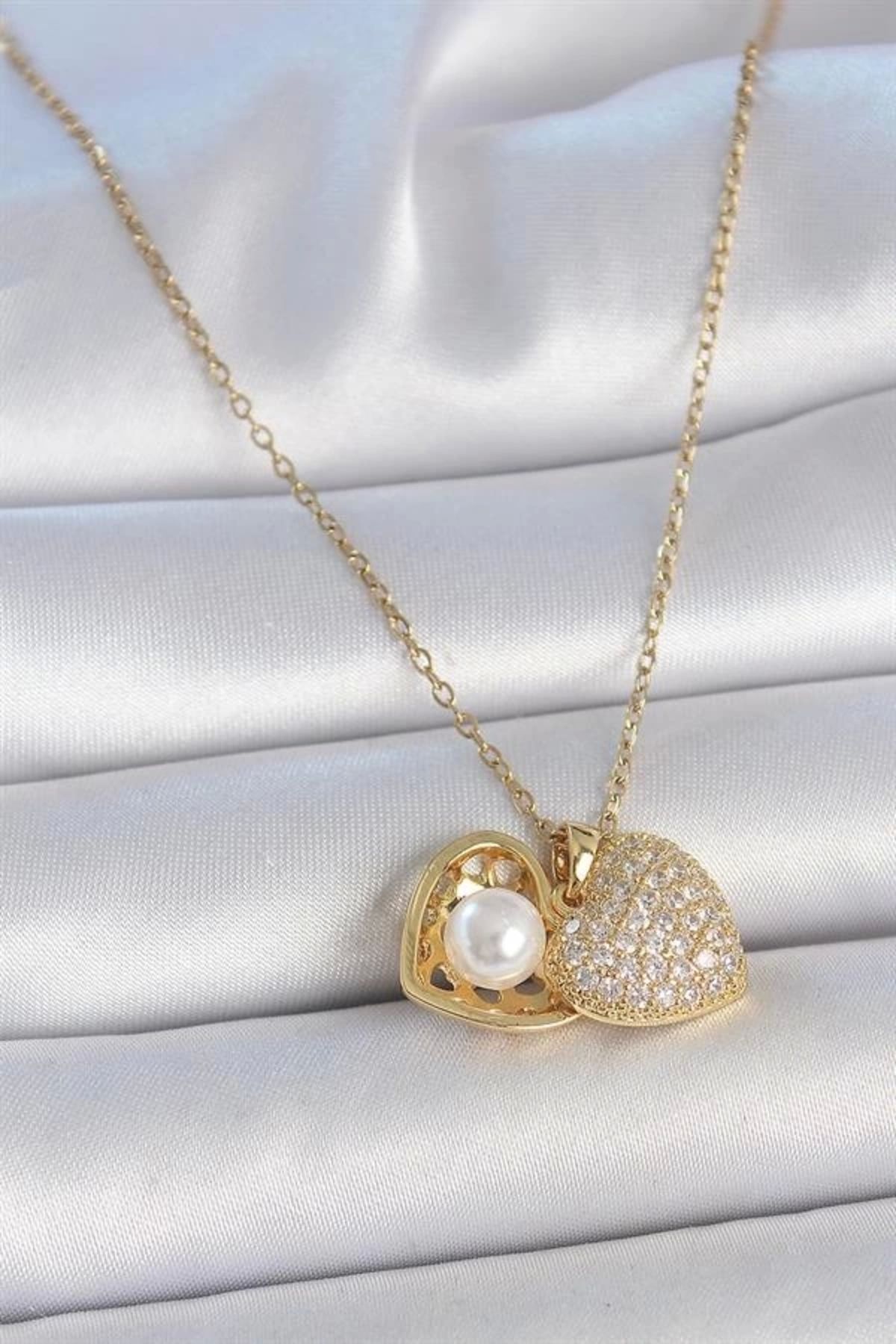 Lale Moda 316L Çelik Gold Renk Zincir Zirkon Taşlı Açılır İncili Kalp Model Kadın Kolye