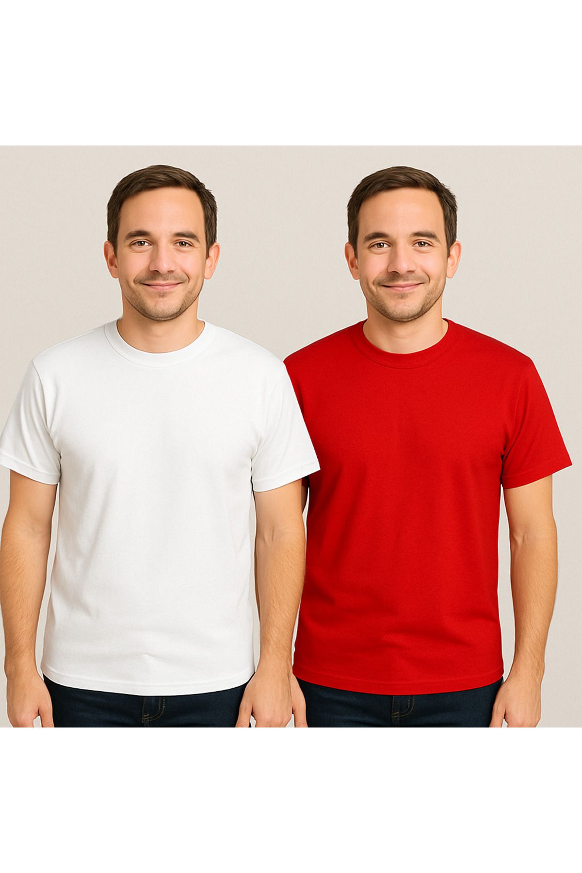 ZALKAYA Bisiklet Yaka Basic Renkli T-shirt 2Li Adet Beyaz-Kırmızı