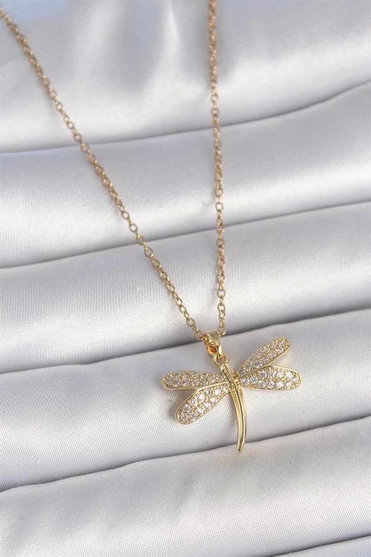 Lale Moda 316L Çelik Gold Renk Zincir Zirkon Taşlı Yusufçuk Model Kadın Kolye