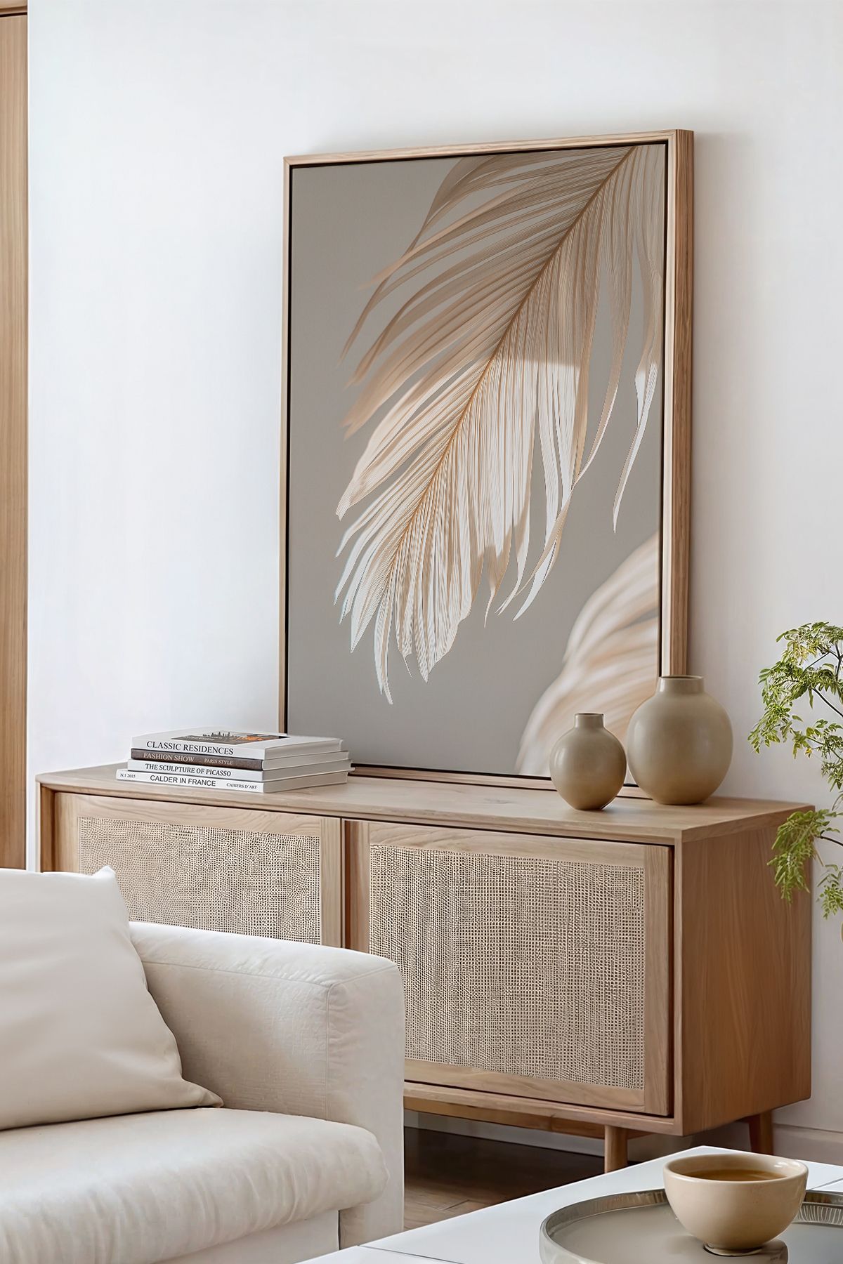 AKSU SANAT Bej Palmiye, Minimalist ÇERÇEVELİ Kanvas Tablo, ÇİFT ÇERÇEVELİ Tablo 1KTBL9