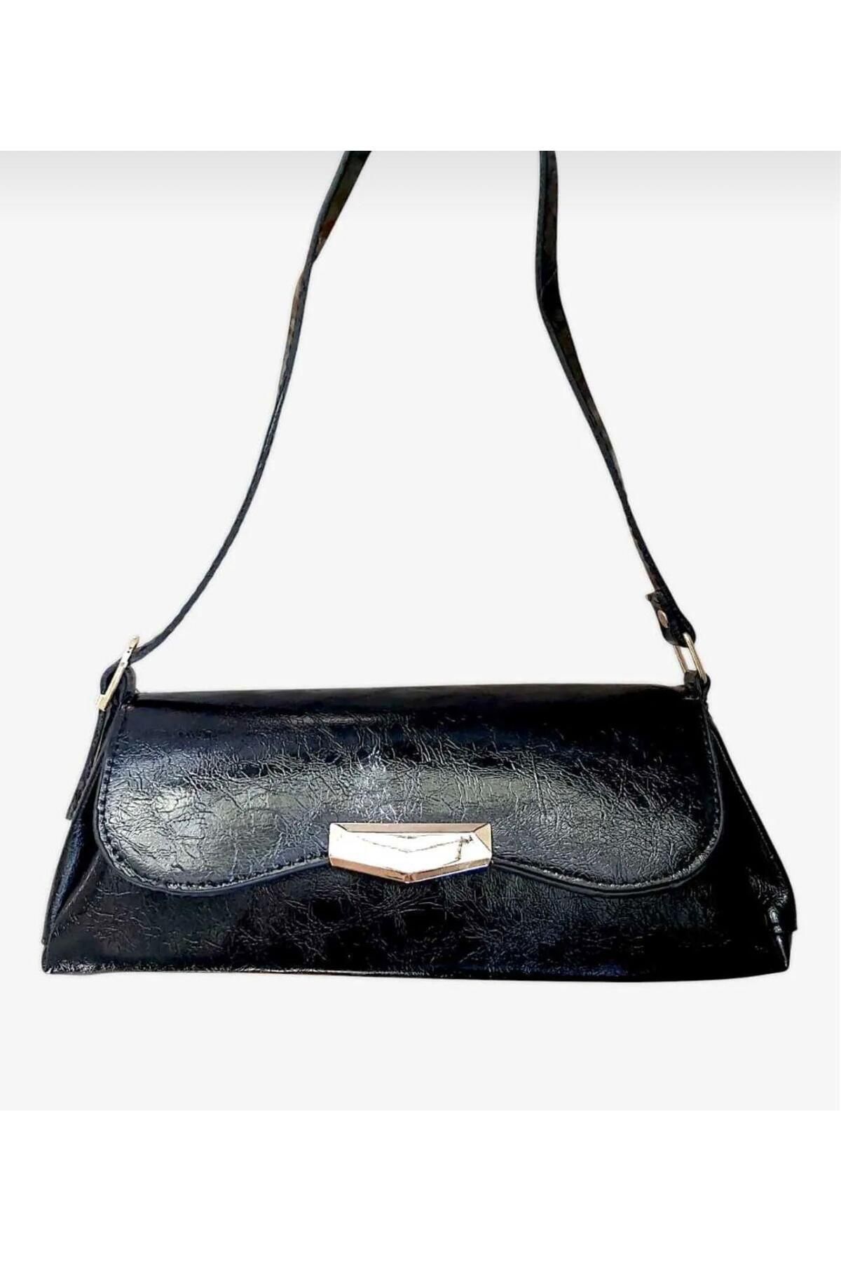ST Bags Kadın Rugan Kumaş Siyah Yeni Tasarım Omuz Çantası