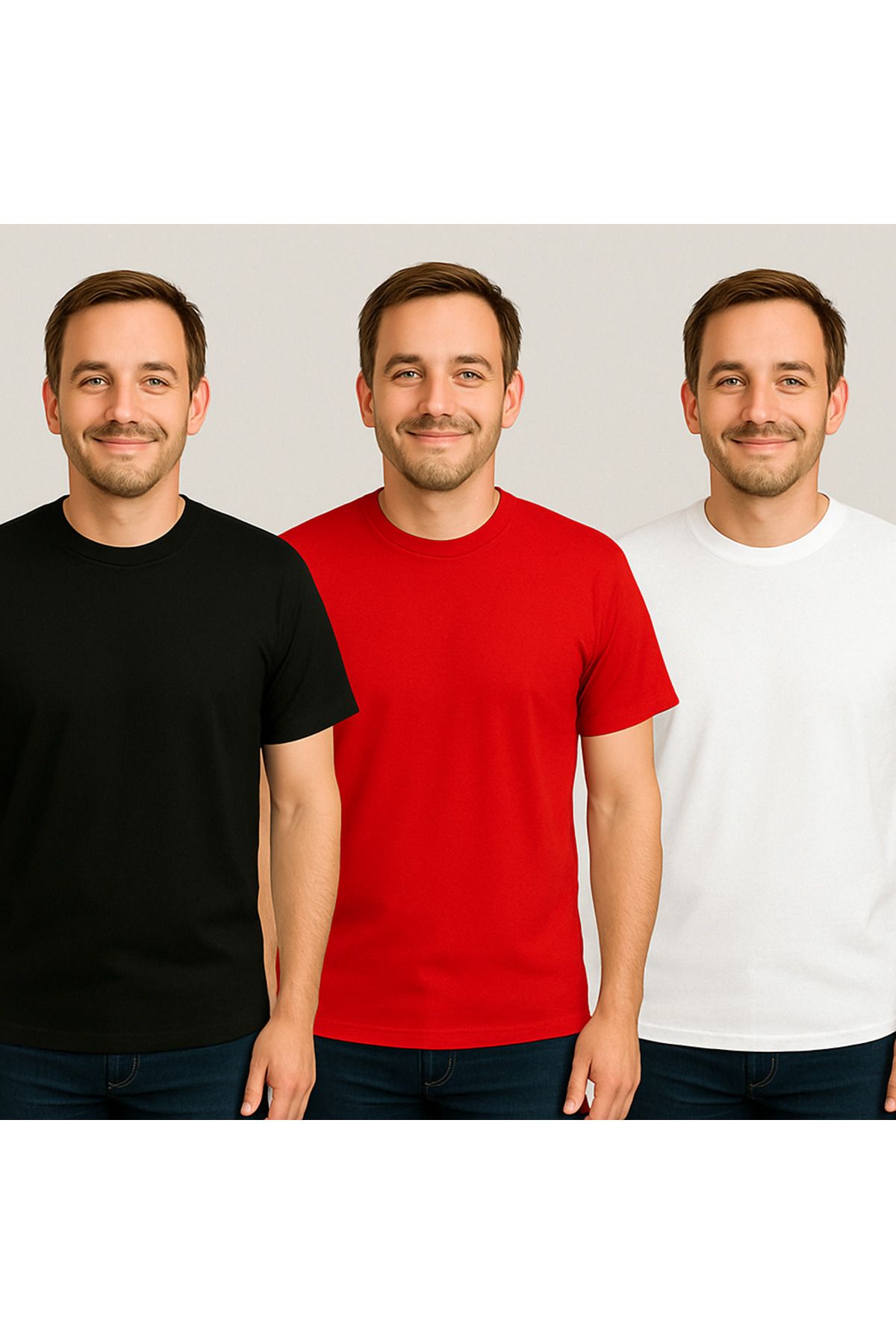 ZALKAYA Bisiklet Yaka Basic Renkli T-shirt 3Lü Adet Siyah Kırmızı Beyaz