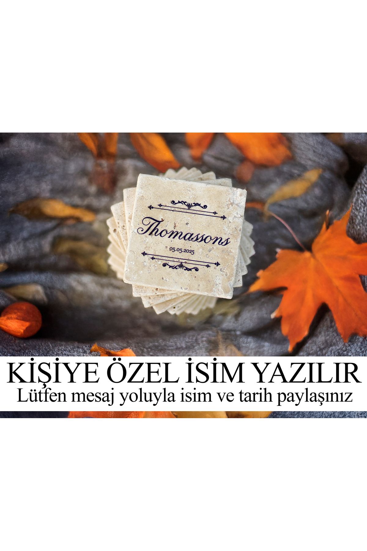 marbelix Kişiselleştirilen 6'lı Set Silva Traverten Bardak Altlığı #4 - 10cm - Mesajla İsim ve Tarih Belirtin