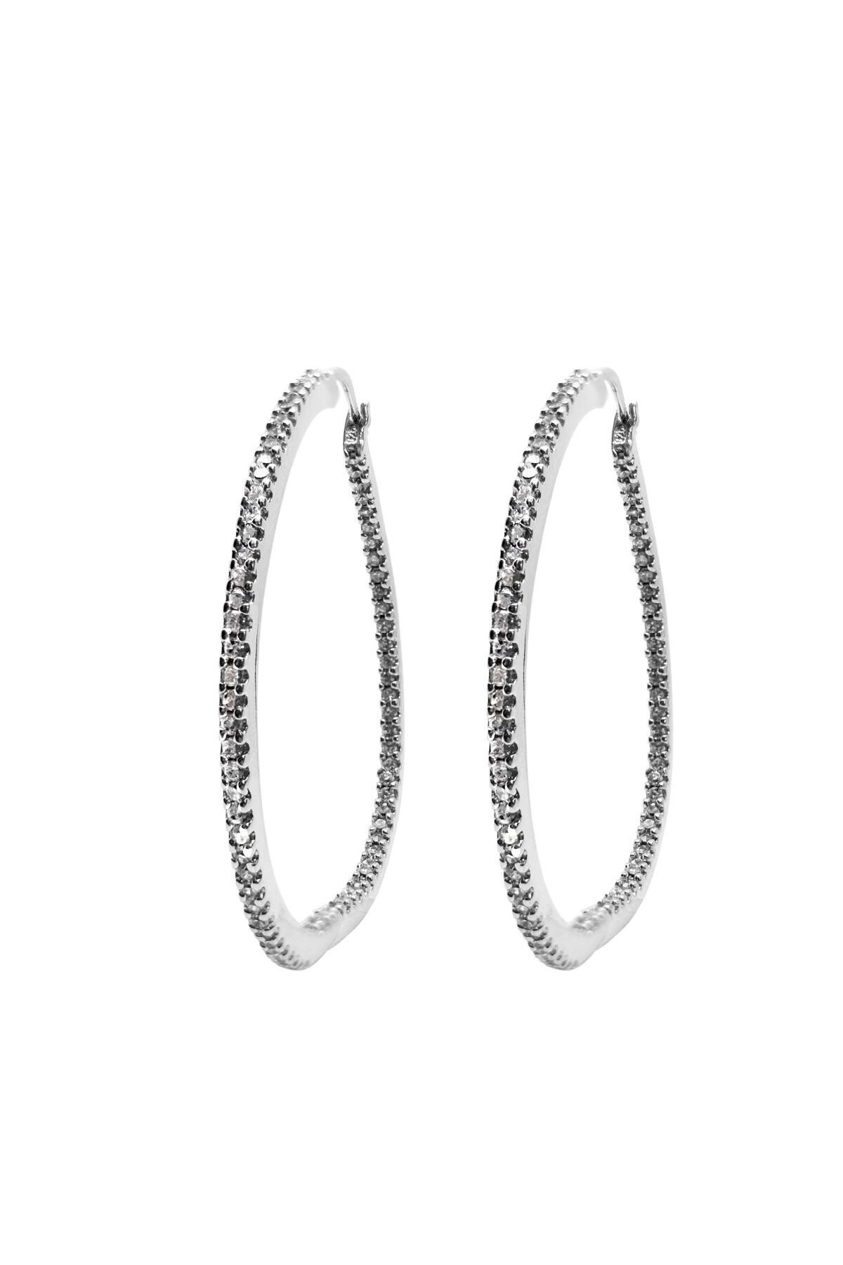 oya silver Tırnaklı Taşlı Büyük Gümüş Kadın Halka Küpe 5x5CM