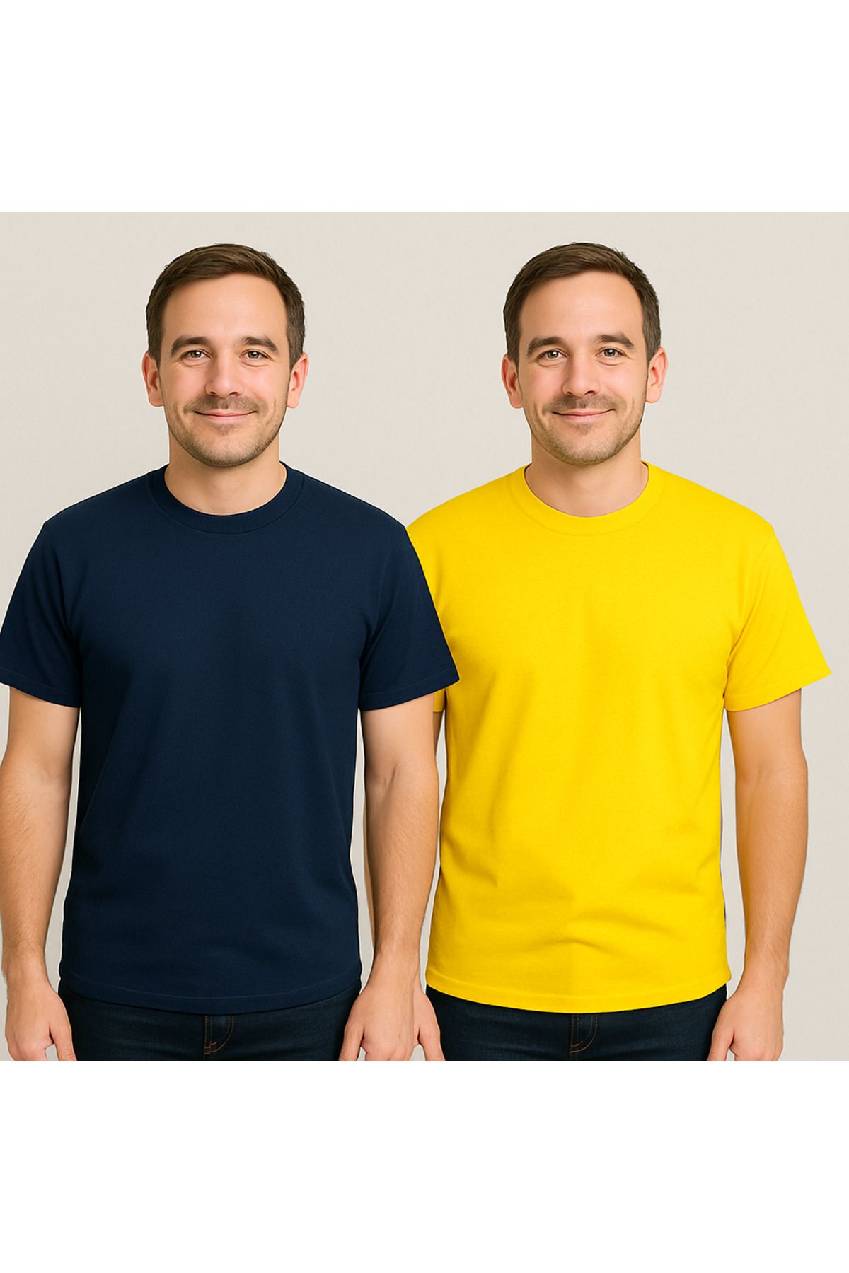 ZALKAYA Bisiklet Yaka Basic Renkli T-shirt 2Li Adet Lacivert-Sarı