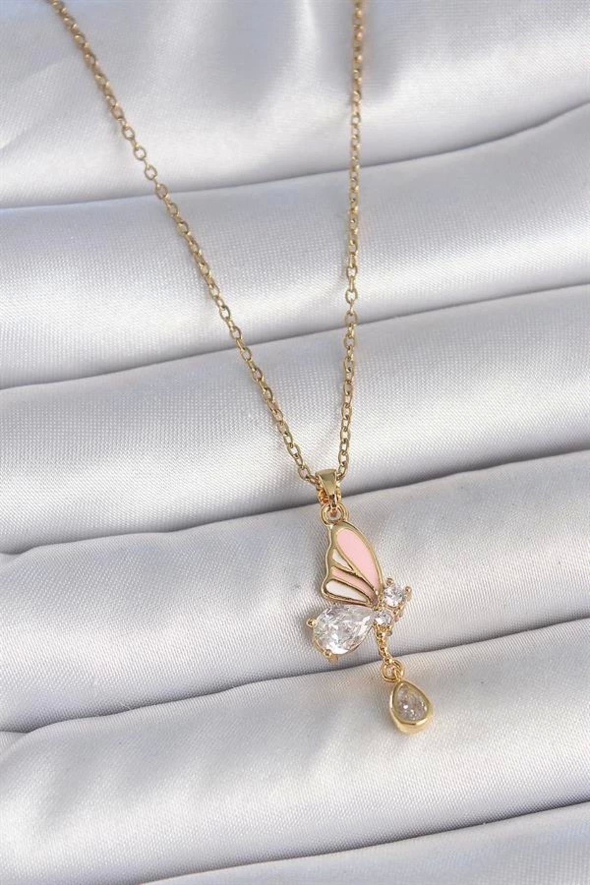 Lale Moda 316L Çelik Gold Renk Zincir Damla Zirkon Taşlı Kelebek Model Sallantı Detay Kadın Kolye