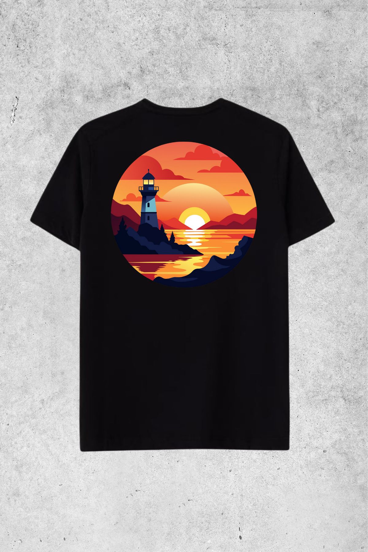 MOLICO Basic unisex sıfır yaka kısa kollu DENİZ FENERİ SIRT baskılı OVERSİZE tshirt