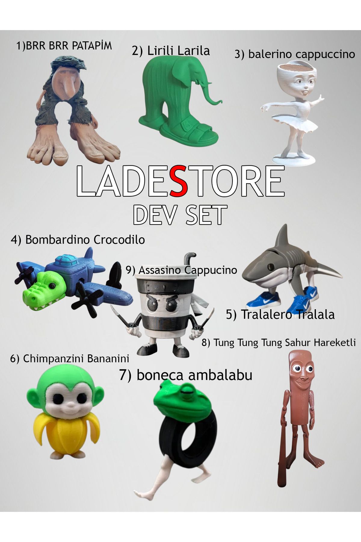 Lades Brainrot Figürleri Dev Set 9 Oyuncak Bir Arada Tralalere Tralelo, Bombardino Crocodilo, Tung Sahur..
