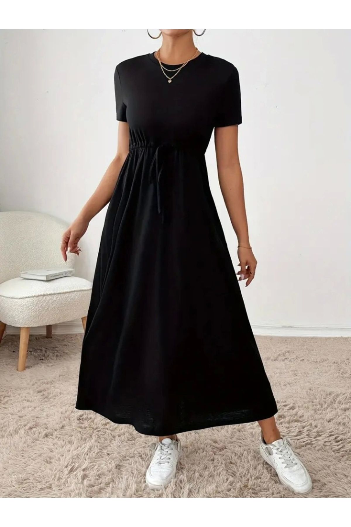 Butik Kadın Kısa Kollu Bisiklet Yaka Belden Bağcıklı Cepli Viskon Elbise