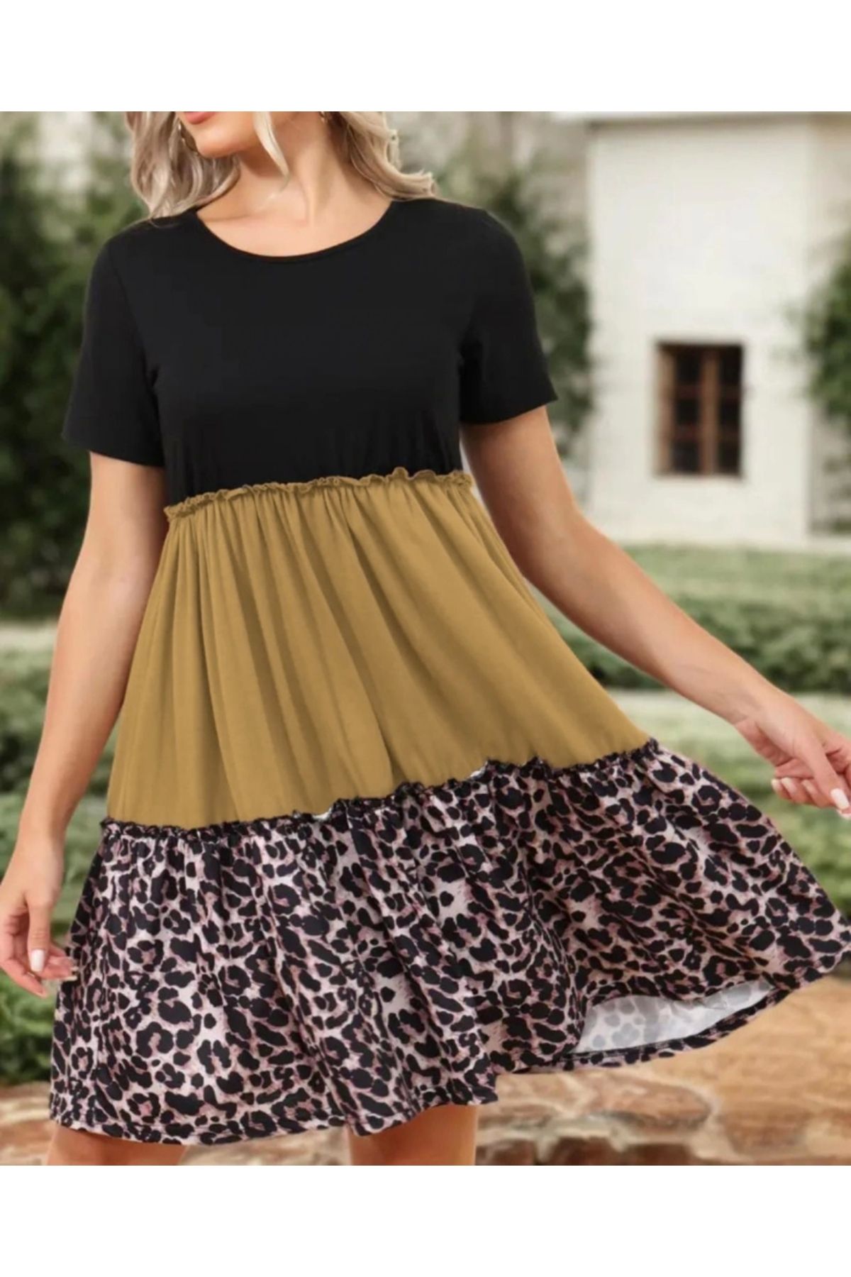 Butik Kadın Leopar Detay üç Parça Viskon Elbise