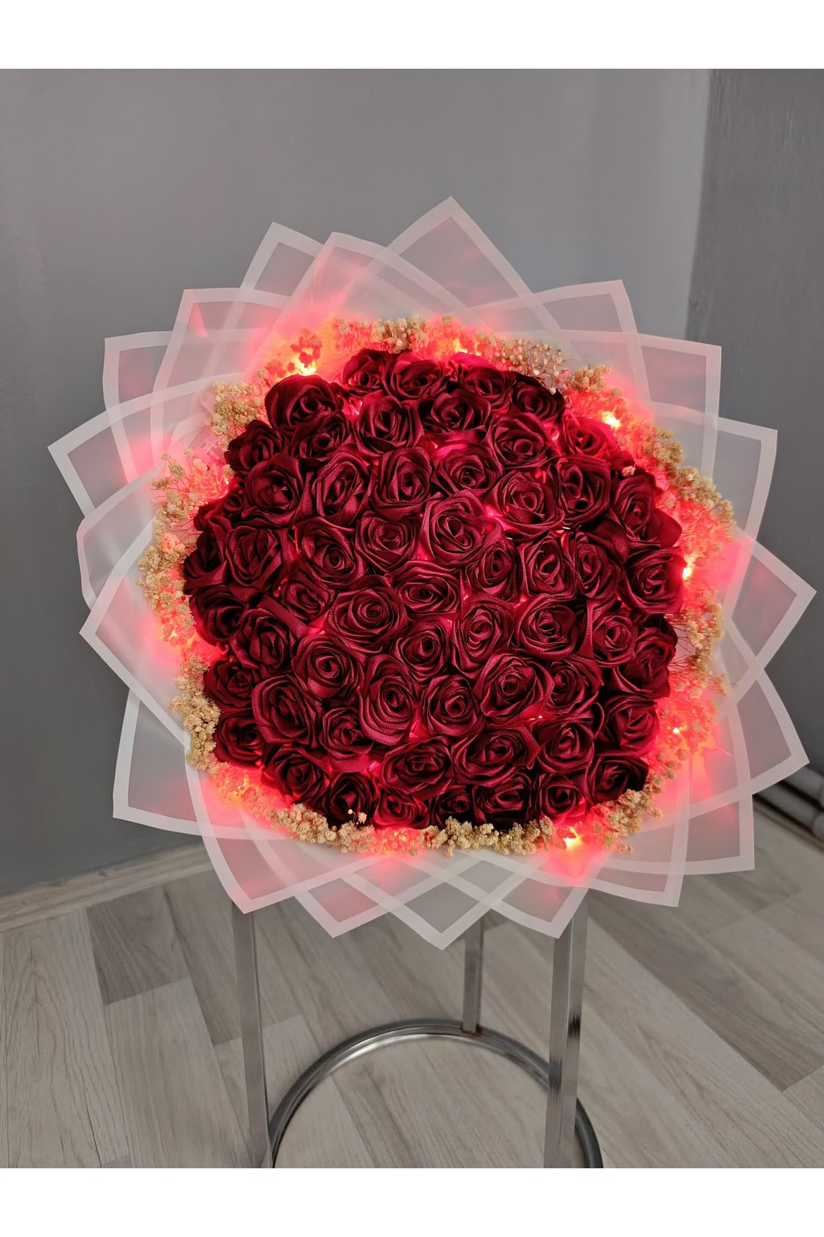 BUKET DÜNYASI 60 Lı Cipsolu Led Işıklı Söz Nişan Solmayan Gül Buketi Bordo