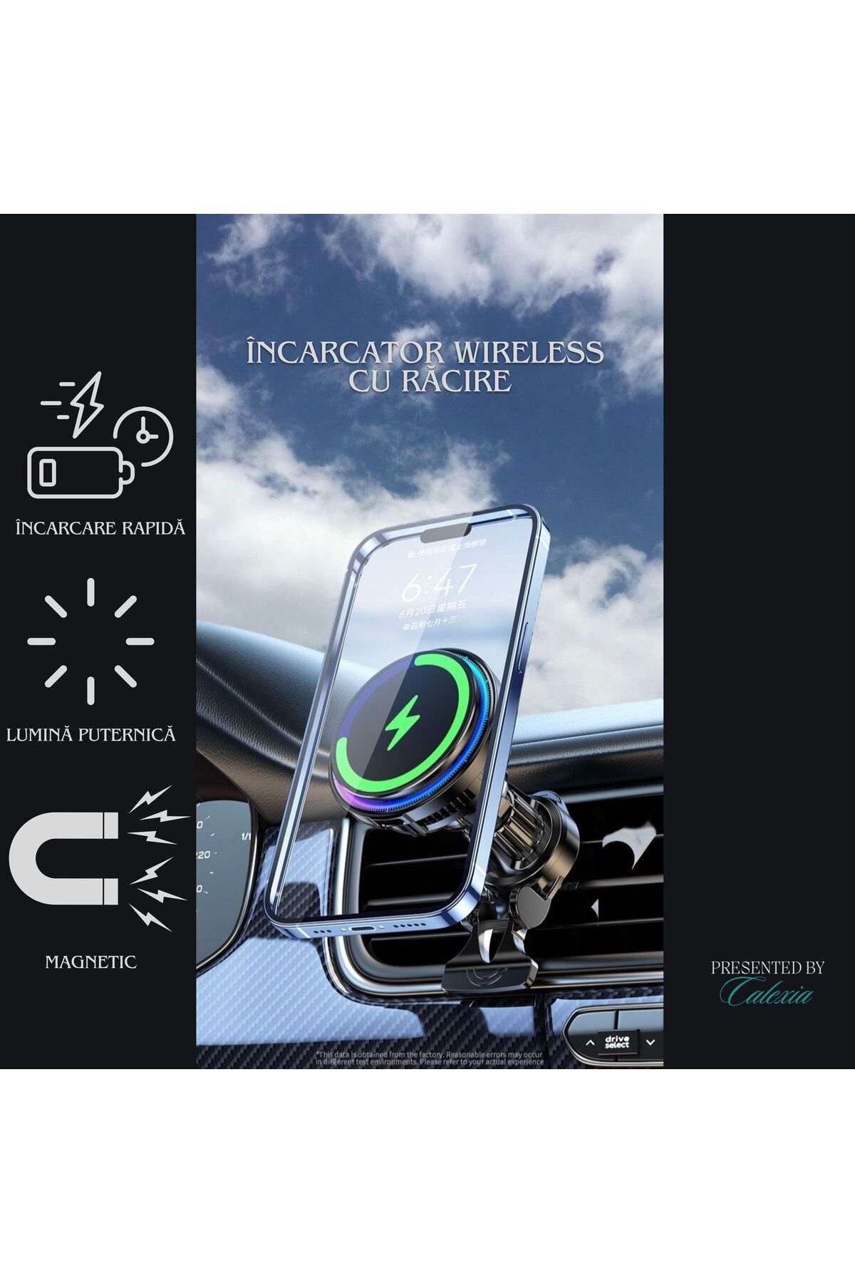 e-Wantay-Încărcător Auto Wireless X82, 15W, MagSafe, Magnetic, Răcire Activă, Prindere Ventilație, 2 în 1 4