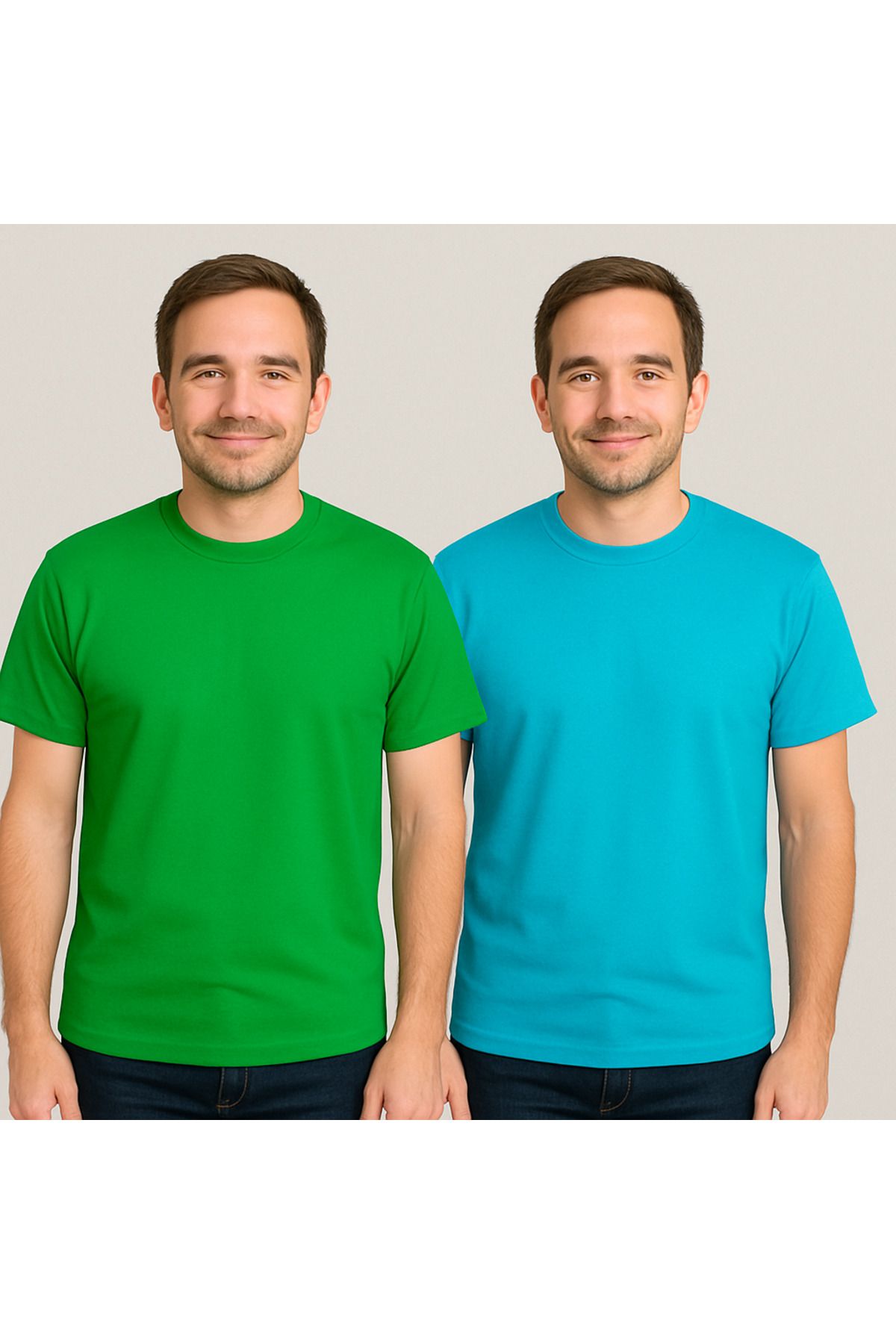 ZALKAYA Bisiklet Yaka Basic Renkli T-shirt 2Li Adet Yeşil - Turkuaz