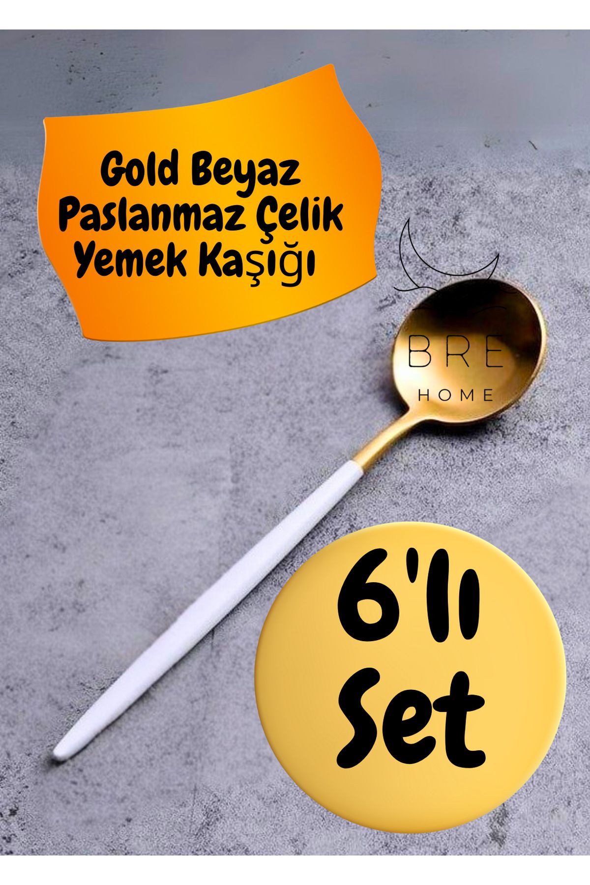 BRE HOME 6 Adet paslanmaz çelik gold beyaz yemek kaşığı