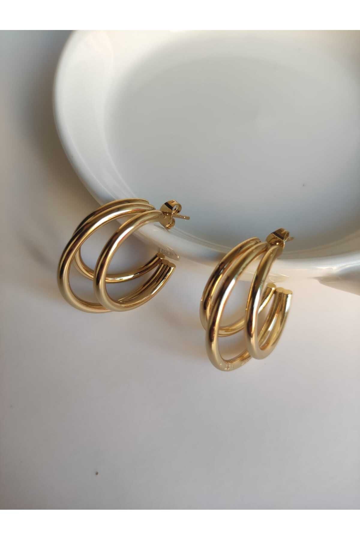 MoS JEWELLERY Gold Renk Üçlü Halka Küpe - Paslanmaz Çelik