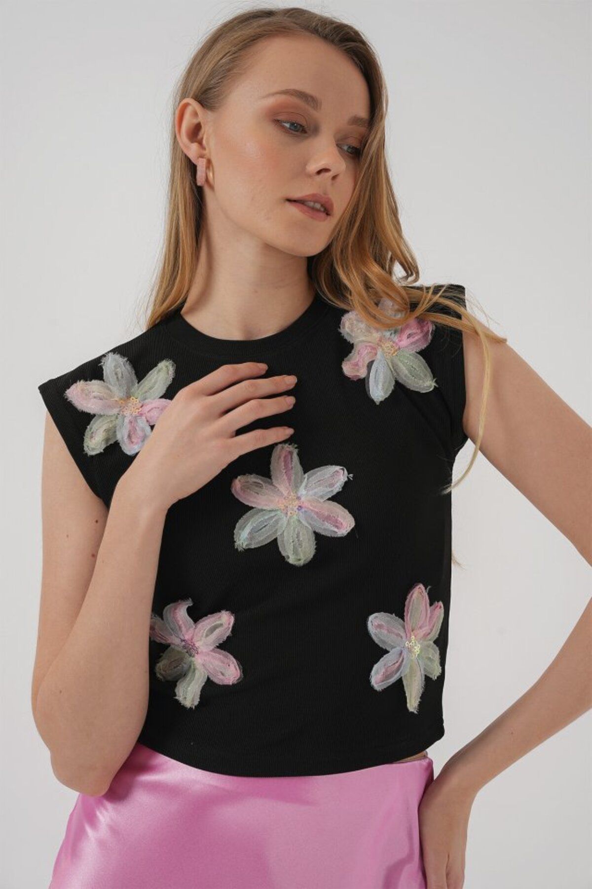 Albayrak 930 Kısa Kol Desenli Crop Bluz - Siyah