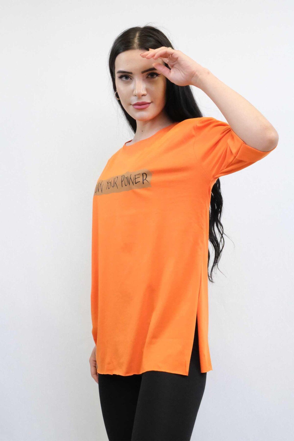 LLOHA Moda Çizgi Bisiklet Yaka Oversize Tshirt Turuncu