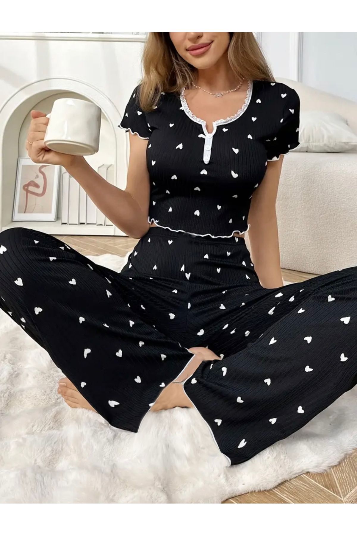 ELORİA Kısa Kollu Kalp Baskılı Siyah Pijama Takımı