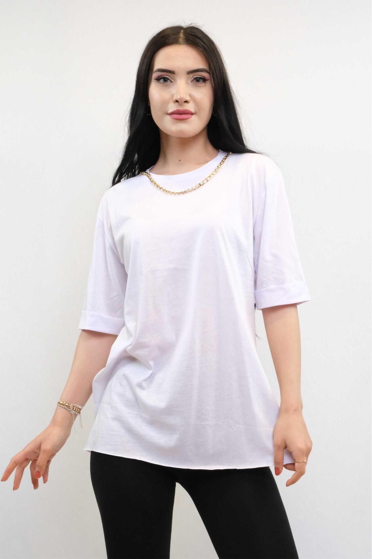 LLOHA Moda Çizgi Zincir Aksesuarlı Tshirt Beyaz