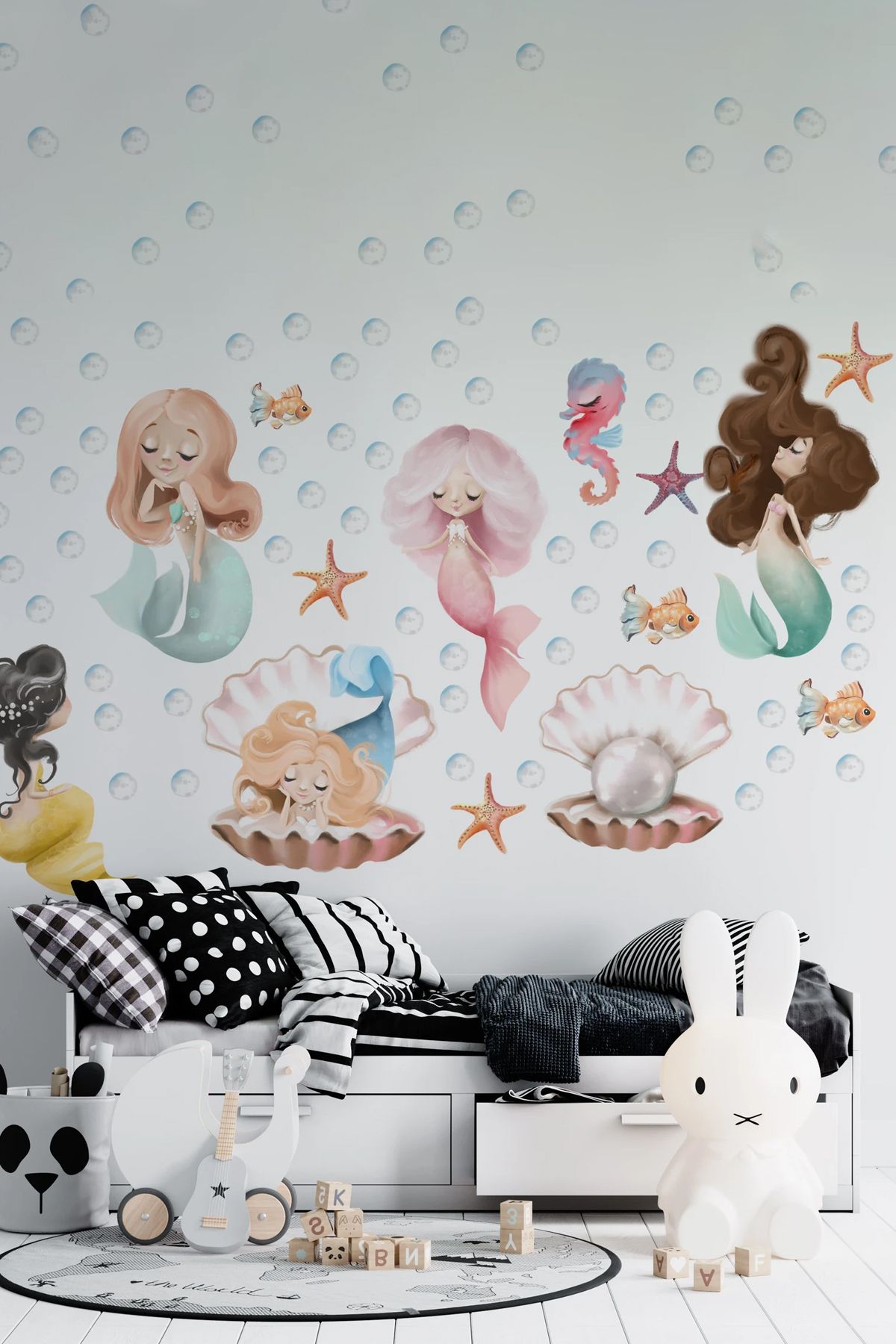 KT Decor Sevimli Deniz Kızları Soft Renk Kız Çocuk Odası Duvar Sticker Seti