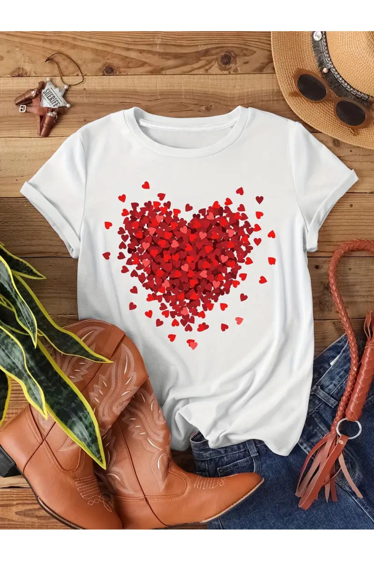 Advantage Kalp Baskılı Kadın Oversize Tişört-Unisex Oversize Racıng %100 Pamuklu T-Shirt