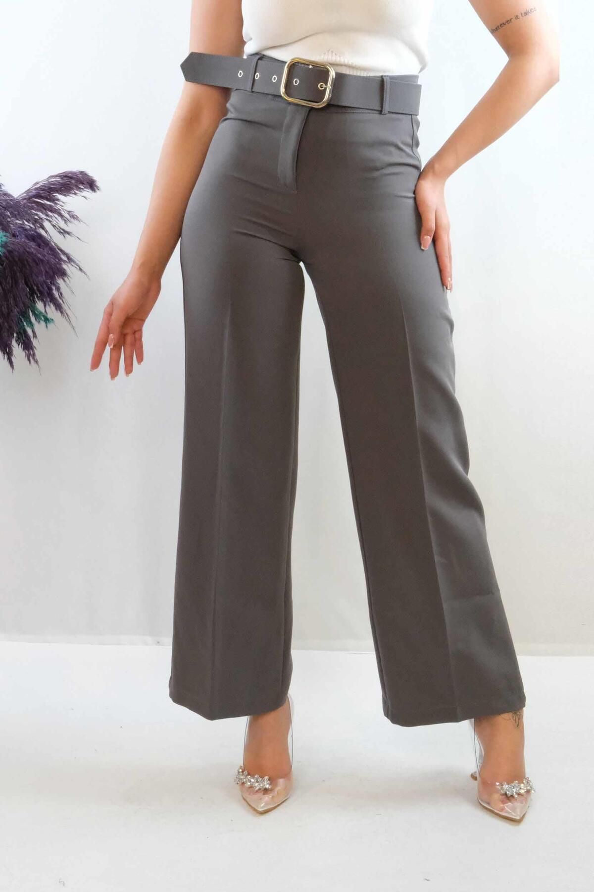 LLOHA Moda Çizgi Kemerli Pantolon Füme