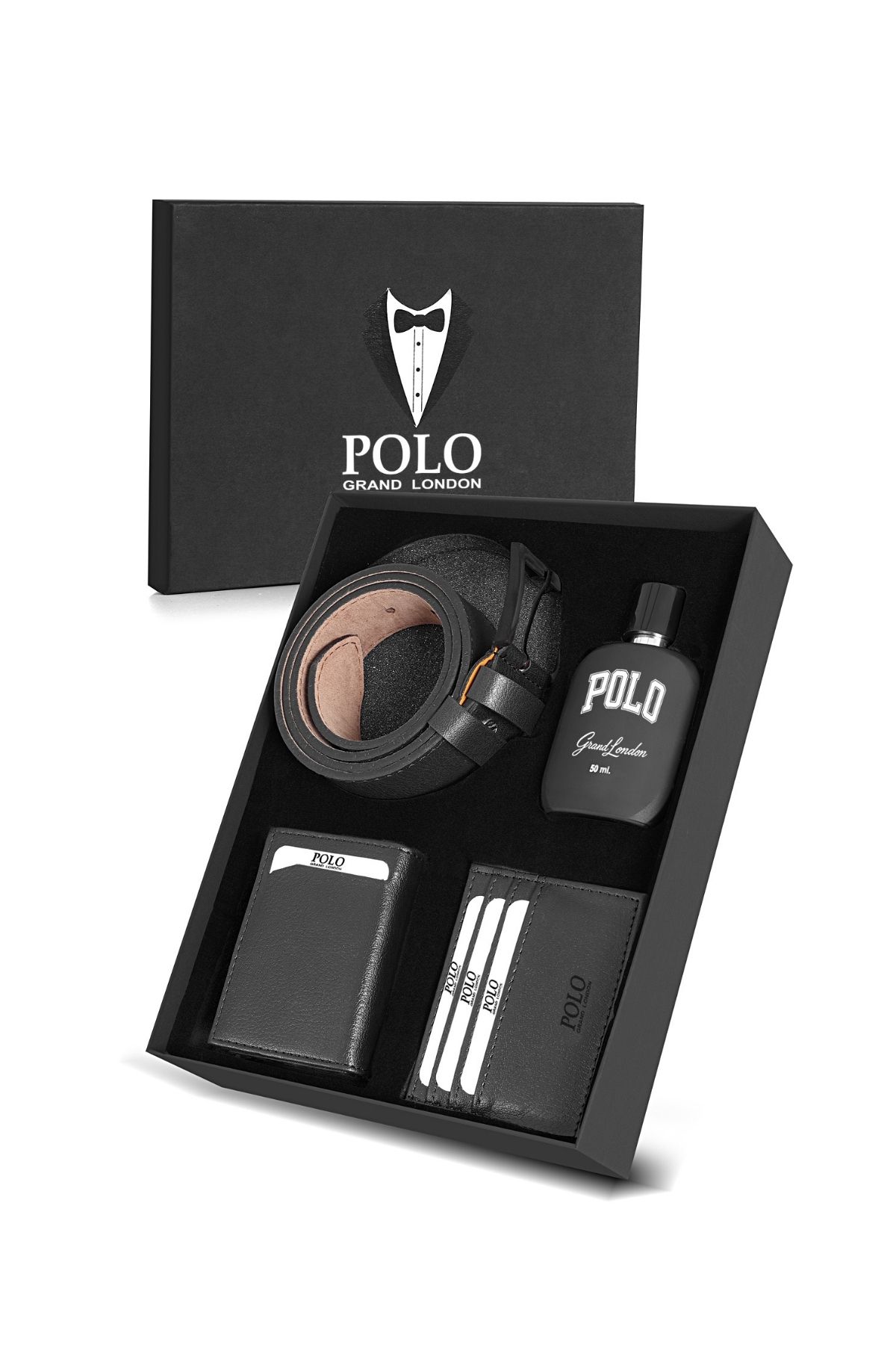 POLOGRAND London Set De 4 Cutii Cadou Speciale Pentru Bărbați Original, Cadou Pentru Mire, Portofel Elegant Din Piele, Curea, Suport Pentru Carduri,