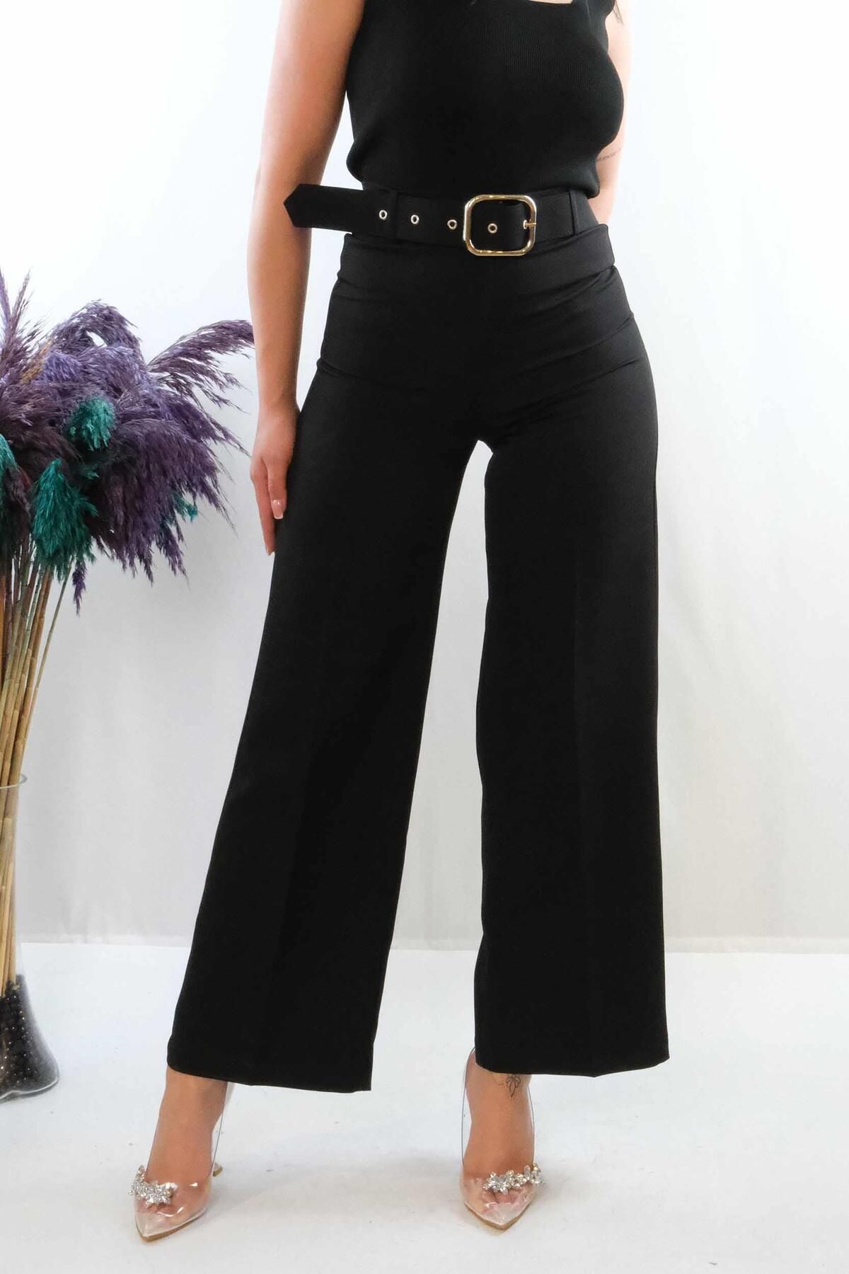 LLOHA Moda Çizgi Kemerli Pantolon Siyah