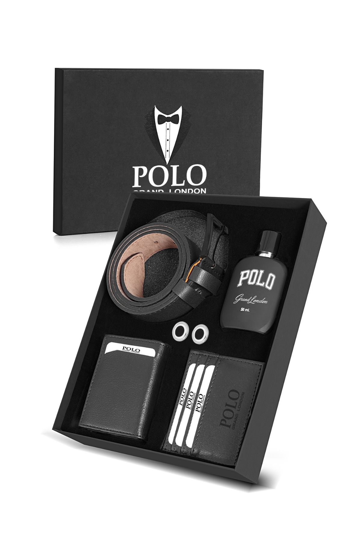 POLOGRAND London Erkek Özel Hediye Kutulu 5'li Set Şık Deri Cüzdan Kemer Kartlık Kol Düğmesi Parfüm Seti
