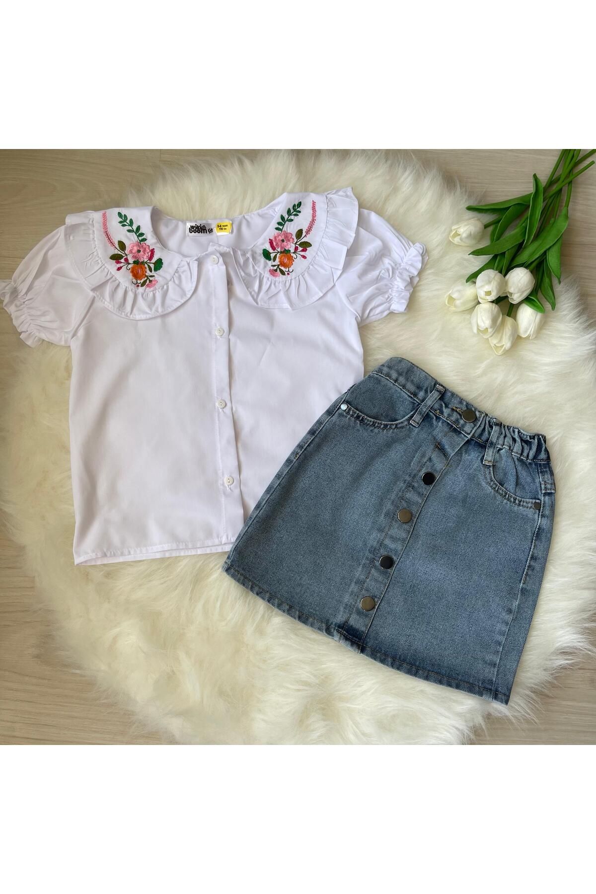 Sister Moms Store Çiçek Nakışlı Keten Gömlekli Kot Etekli Ikili Takım