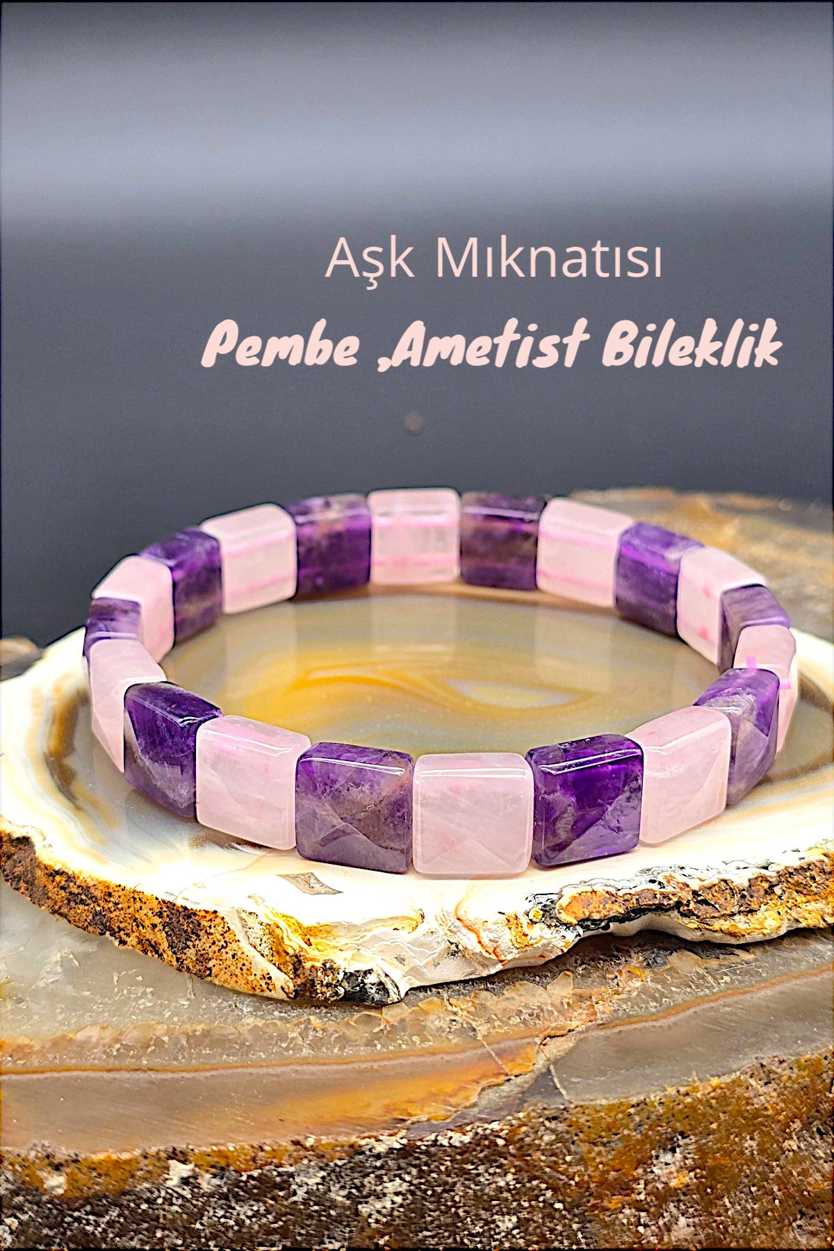 NBS Beautiful Naturel Stones Pembe , Ametist Doğal Taş Bileklik Unisex ( Çok Kaliteli AA ) ( Günlük , Klasik ,Hediyelik ) Trend