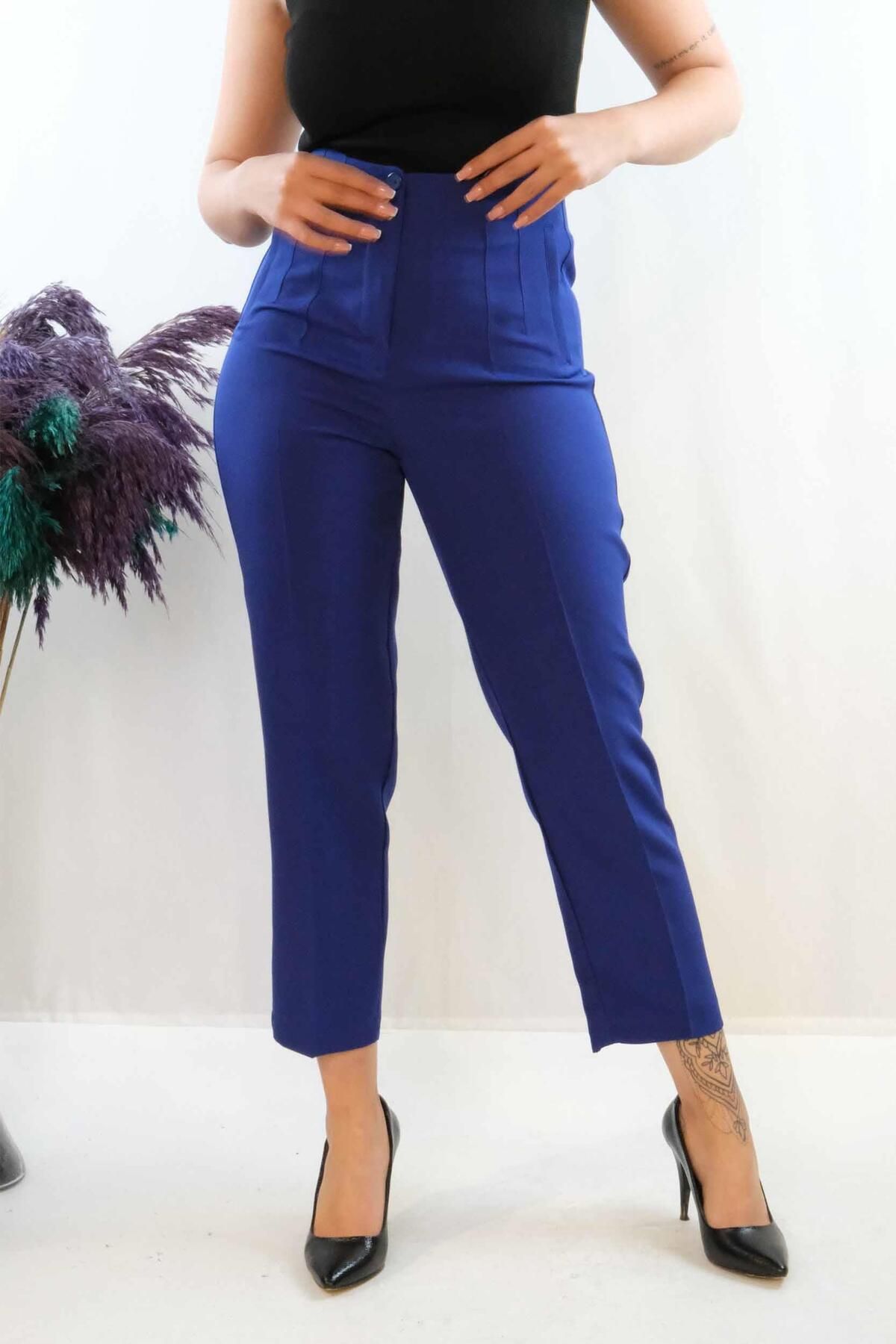 LLOHA Moda Çizgi Yüksek Bel Pantolon Saks