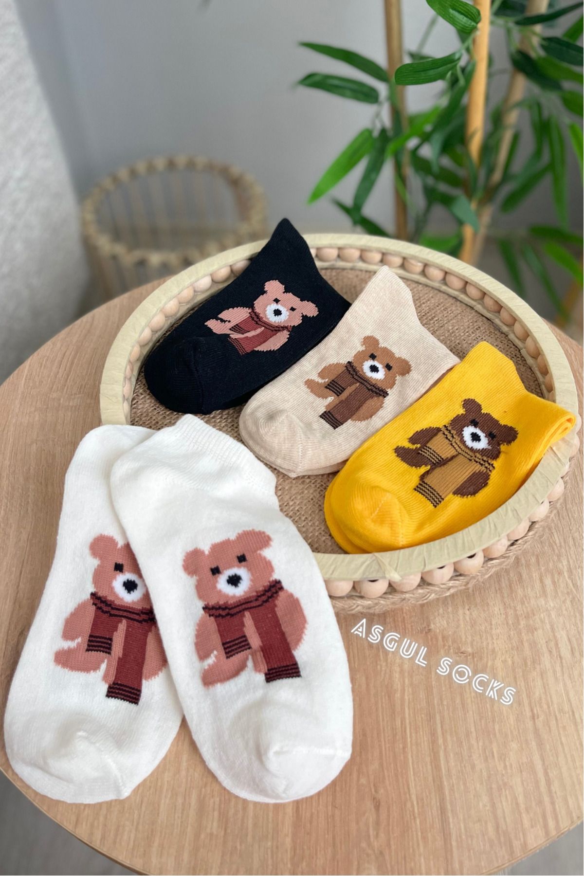 ASGÜL SOCKS Ayıcık desenli penye kadın patik çorap seti 4çift