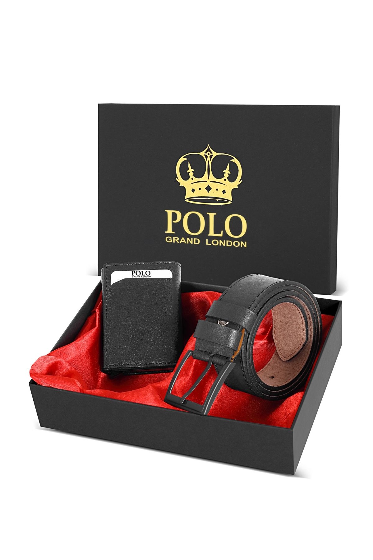 POLOGRAND London Orijinal Erkek Özel Hediye Kutulu 2'li Set Luxury Serisi Damat Hediyelik Şık Deri Cüzdan Kemer Seti