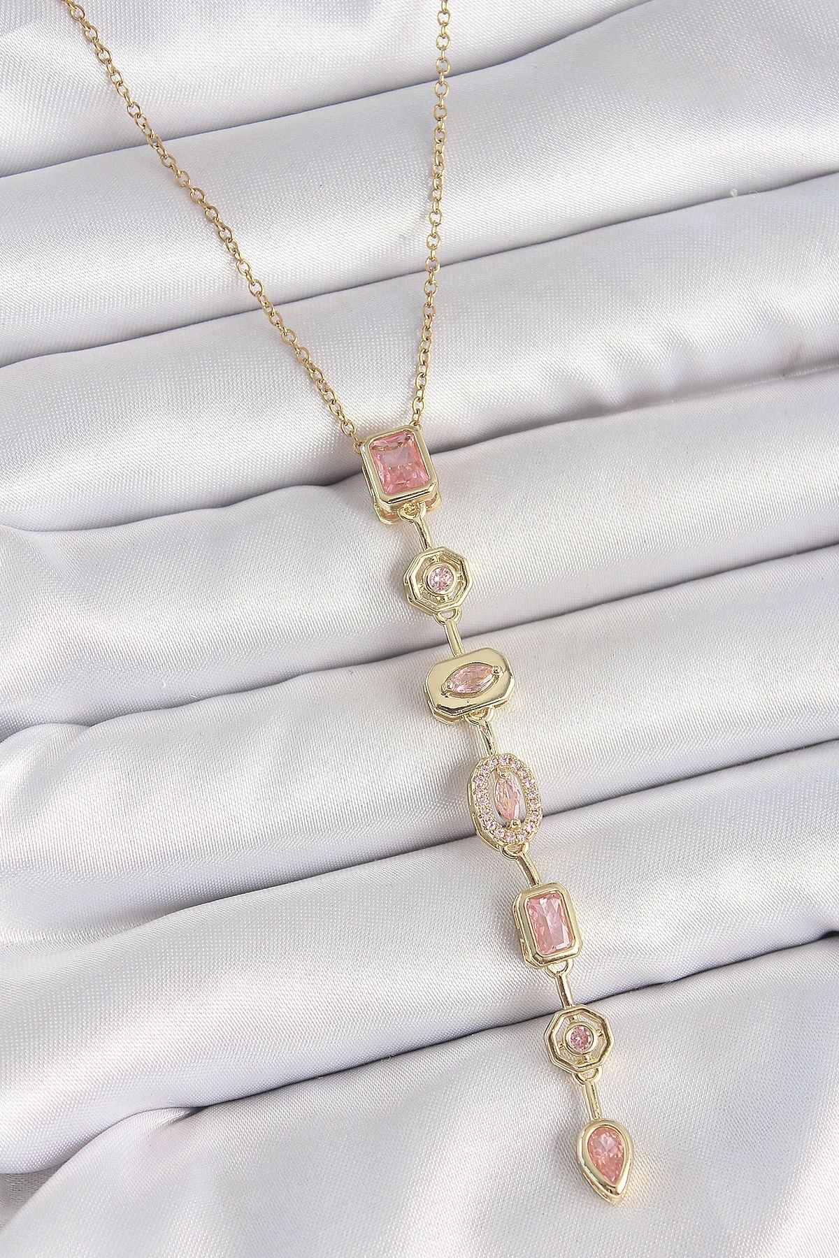 adshome 316L Çelik Gold Renk Zincir Pembe Zirkon Taşlı Y Model Dekolte Kadın Kolye
