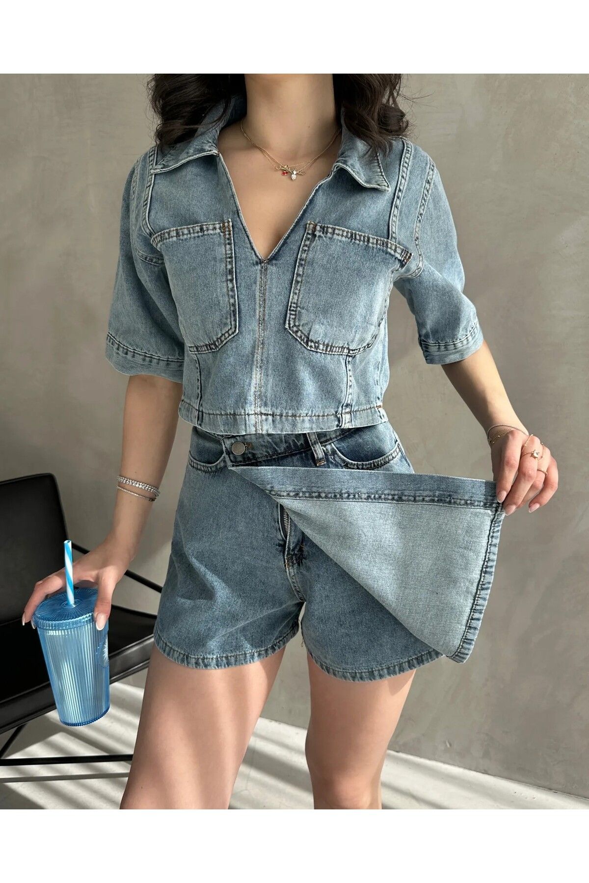 LOBOLIC Kadın Denim Gömlek Yaka Şort Etek Alt Üst Takım